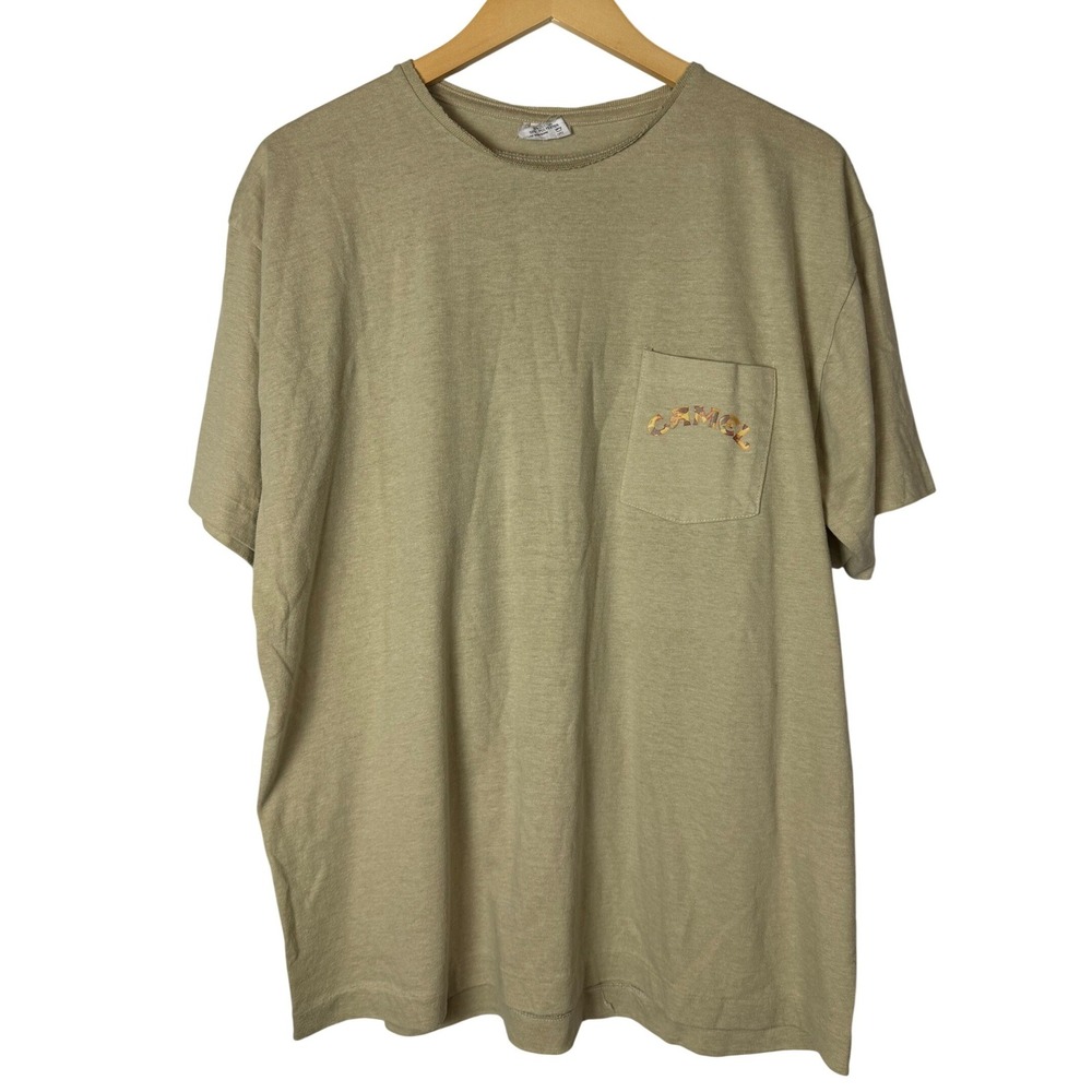 Vintage Camel Joe Camo Graphic Pocket T-Shirt Tan XL Made in USA 1992 Promo Tee